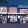 Modern Blue Store Exterior With Glass Doors Windows And Night Lighting
