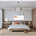 Modern Bedroom Interior With Wooden Bed Pendant Light Decorative Painting And Wardrobe