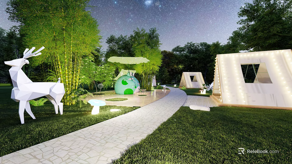 Enchanting Night Park Landscape with Bamboo Pathway Green Lawn and Starry Sky Illuminations 3d model 