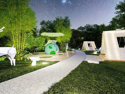 Enchanting Night Park Landscape with Bamboo Pathway Green Lawn and Starry Sky Illuminations 3d model