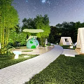 Enchanting Night Park Landscape with Bamboo Pathway Green Lawn and Starry Sky Illuminations