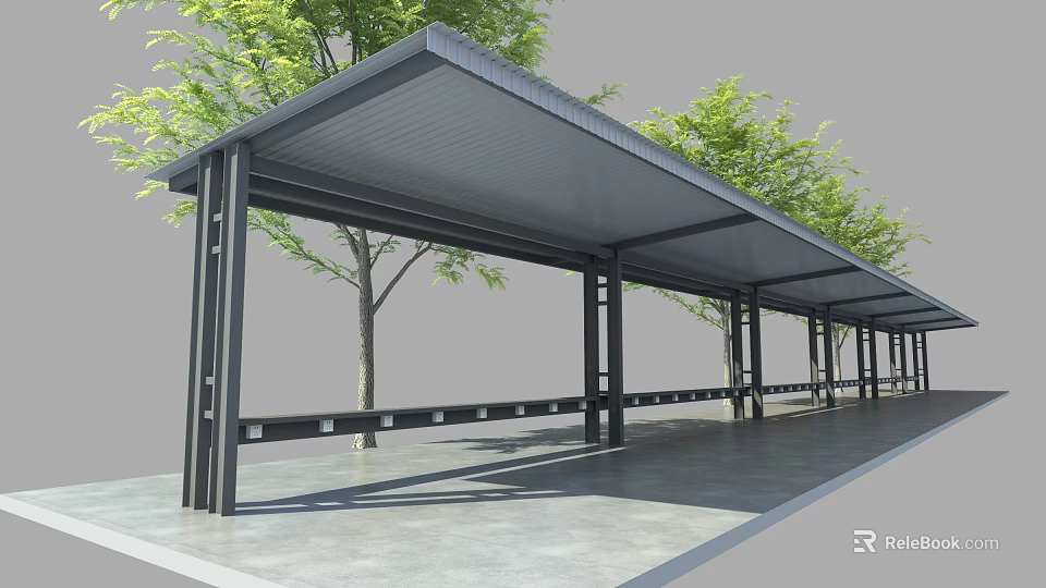 Outdoor Canopy with Steel Structure Black Pillars Gray Floor and Green Trees Along Walkway 3d model 