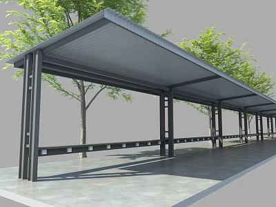 Outdoor Canopy with Steel Structure Black Pillars Gray Floor and Green Trees Along Walkway 3d model