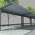 Outdoor Canopy with Steel Structure Black Pillars Gray Floor and Green Trees Along Walkway