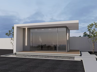 Modern Minimalist Building With Glass Facade White Walls Small Trees Black Paved Ground Exterior Design 3d model