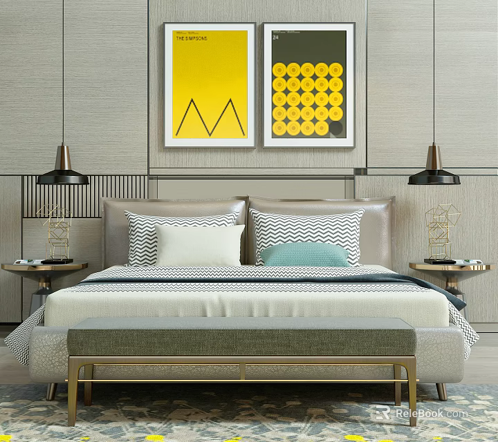 Modern Double Bed Background With Yellow Wall Paintings Nightstands And Bed Bench 3d model 