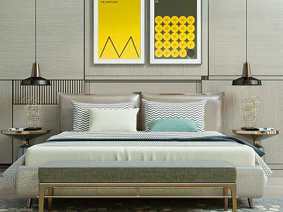 Modern Double Bed Background With Yellow Wall Paintings Nightstands And Bed Bench 3d model