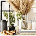 Elegant Decorative Ornament Set Interior With Pampas Grass Vase Candles And Green Plants