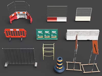 Traffic Construction Site Safety Barriers Roadblocks Warning Signs Metal Fences And Concrete Blocks 3d model