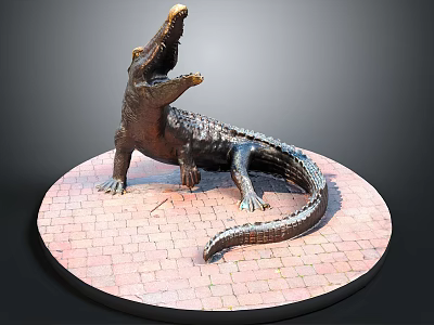 Crocodile Statue With Open Mouth On Circular Brick Surface In Dynamic Posture 3d model