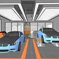 Modern 4S Auto Showroom Interior With Displayed Cars Yellow Guide Lines And Ceiling Lighting