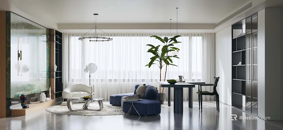 Modern Living and Dining Area Interior With Blue Sofa White Curtains And Large Plant 3d model 
