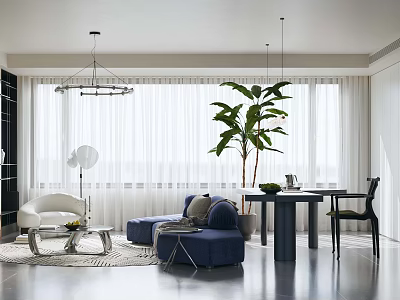 Modern Living and Dining Area Interior With Blue Sofa White Curtains And Large Plant 3d model