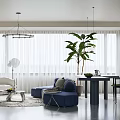 Modern Living and Dining Area Interior With Blue Sofa White Curtains And Large Plant