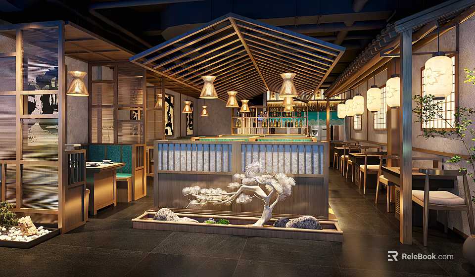 Modern Chinese Restaurant Interior With Wooden Roof Lanterns And Decorative Tree 3d model 