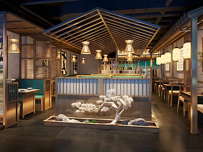 Modern Chinese Restaurant Interior With Wooden Roof Lanterns And Decorative Tree 3d model