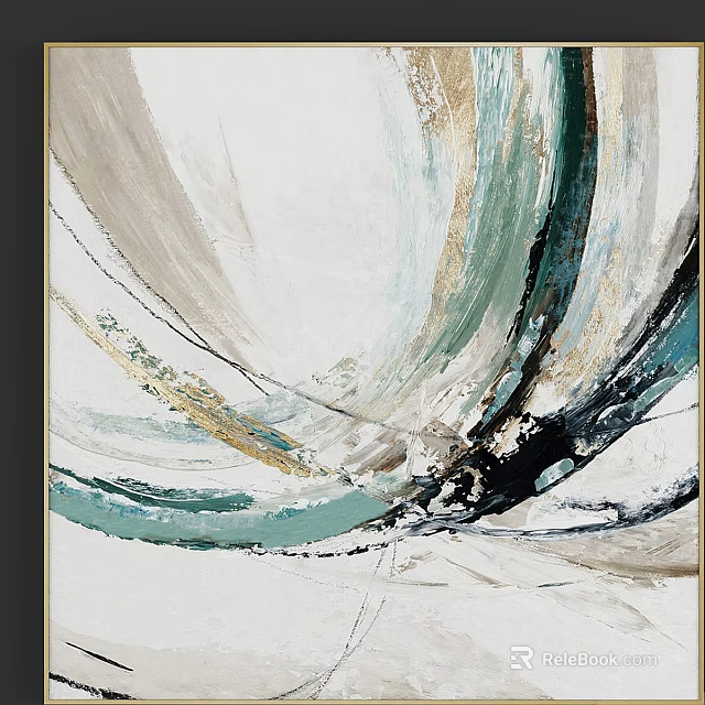 Elegant Modern Abstract Painting With Flowing Teal Gold And Black Curved Lines 3d model 