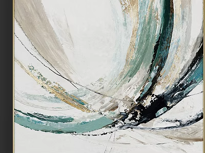 Elegant Modern Abstract Painting With Flowing Teal Gold And Black Curved Lines 3d model