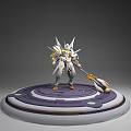 Detailed White Orange Green Biomechanical Character With Spear Like Weapon Standing On Platform