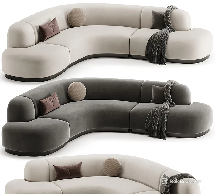 Modern Curved Sectional Sofa With Beige Dark Gray Tones Decorative Pillows And Knit Blankets 3d model 