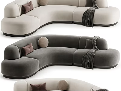 Modern Curved Sectional Sofa With Beige Dark Gray Tones Decorative Pillows And Knit Blankets 3d model