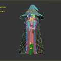 Game Movie Character Wizard Standing Pose With Large Embroidered Hat Brown Cloak And Blue Body