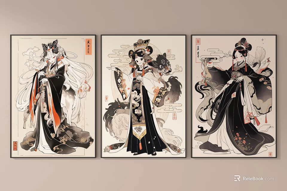 Traditional Chinese Ancient Beauty Figure Paintings With Flowing Robes Ornate Headdresses And Cloud Motifs 3d model 