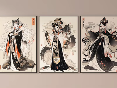 Traditional Chinese Ancient Beauty Figure Paintings With Flowing Robes Ornate Headdresses And Cloud Motifs 3d model