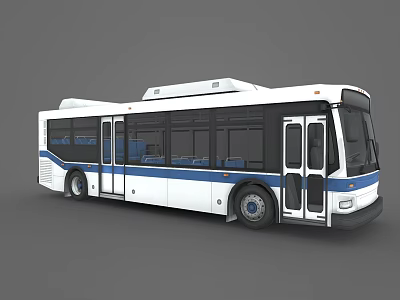 Modern City Bus With White Body Blue Stripe Design And Multiple Doors For Urban Transport 3d model