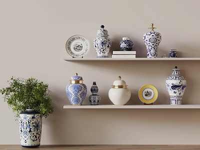 Blue And White Ceramic Vases With Floral Patterns On White Shelves By Light Wall With Green Plant 3d model