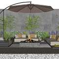Modern Outdoor Sofa Set With Fire Pit Large Umbrella And Green Plants On Wooden Deck