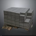 Stacked Gray Bricks Equipment Secured With Green Straps On Wooden Pallets And Broken Cardboard