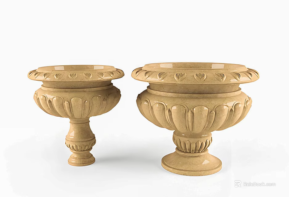 Two Beige Stone Planters With Decorative Floral Patterns And Pedestal Bases 3d model 