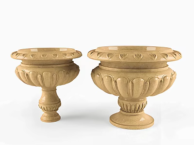 Two Beige Stone Planters With Decorative Floral Patterns And Pedestal Bases 3d model