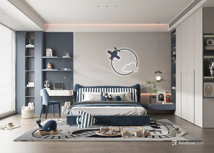 Modern Kids Bedroom Interior With Blue White Bedding Airplane Moon Decor 3d model 
