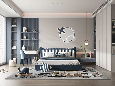 Modern Kids Bedroom Interior With Blue White Bedding Airplane Moon Decor 3d model