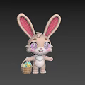 Cute 3D Rabbit Character With Long Ears Purple Eyes Holding Basket Of Colorful Eggs