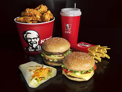 KFC Bucket Of Fried Chicken Hamburgers Fries Wrap And Drink For Delicious Meal 3d model