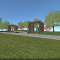 Modern Outdoor Pergola Design With Wooden Frame Green Trees And Lawn Benches