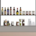 Assorted Spice Bottles And Condiment Containers On Kitchen Glass Shelves In Organized