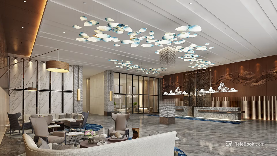 Modern Hotel Lobby with Cloud Shaped Chandelier and Marble Floor Reception Desk and Sofa Seating 3d model 