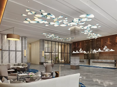 Modern Hotel Lobby with Cloud Shaped Chandelier and Marble Floor Reception Desk and Sofa Seating 3d model