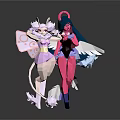 Anime Style Female Characters In Pink Outfits With White Dark Hair Wings And Flowing Decorations