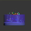 Cartoon Scene with Transparent Container Purple Water Small Boat Animals Water Plants Frog and Dragonfly