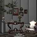 Elegant Console Table Side Cabinet With Framed Art Vase Green Plant And Armchair