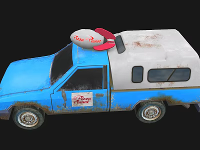 Old Blue White Truck With Rusty Body Red Toy Rocket On Roof Dino Bite Logo 3d model