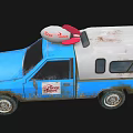 Old Blue White Truck With Rusty Body Red Toy Rocket On Roof Dino Bite Logo