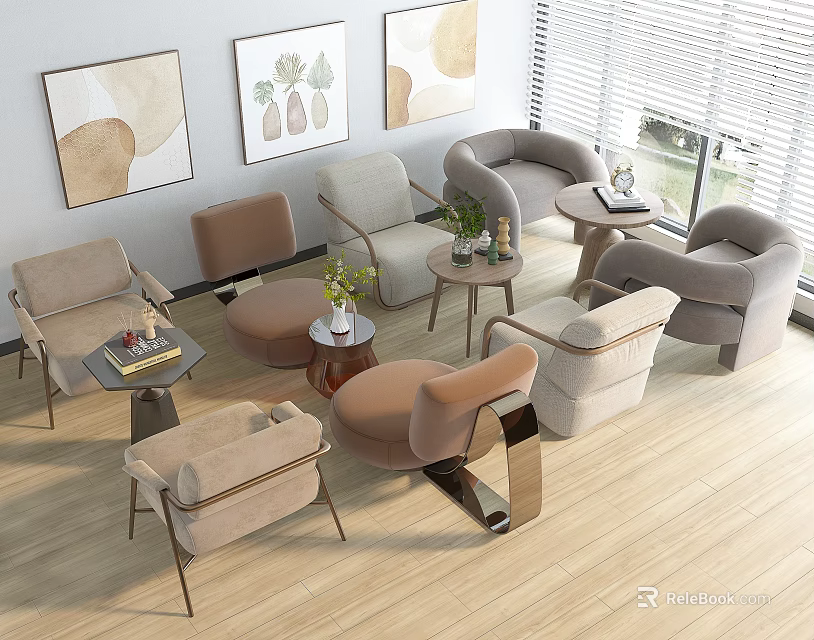 Casual Sofa Set In Neutral Tones With Coffee Tables Wall Art Window Blinds And Wooden Flooring 3d model 