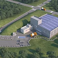 Industrial Factory With Blue Roof Greenery Parking Lot Adjacent Building And Yellow Trucks