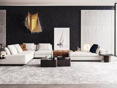 Modern Sofa and Dark Coffee Table Set with White Upholstery Brown Black Cushions Golden Decor 3d model